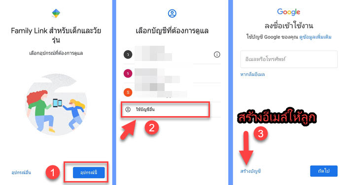 ขั้นตอนแรกสมัครอีเมล์แอพ Family Link for Kids