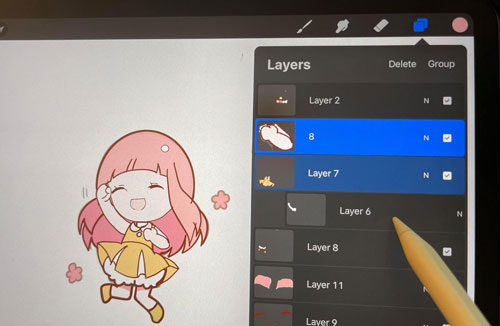 Procreate เลือกหลายเลเยอร์